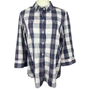 Foxcroft NYC Womens‎ 18 Shaped Shirt Navy Blue White Plaid Crinkle 3/4 Sleeve